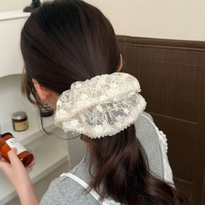 Lace mesh hair scrunchie with floral embroidery and beads worn on a ponytail
