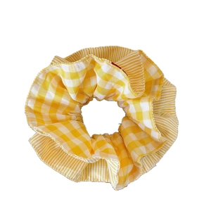 Sweet yellow checkered scrunchie with embroidery, fresh summer hair accessory for women