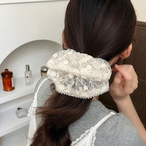 White Lace Mesh Scrunchie With Floral Embroidery Bead Trim Balletcore Large Hair Tie Elegant Women Hair Accessories
