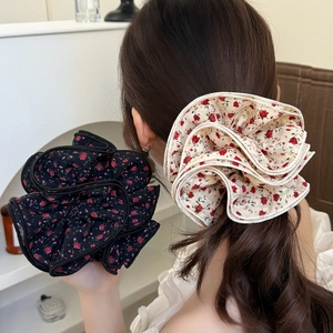 French Vintage Rose Floral Oversized Fabric Scrunchies Multi Layered Ruffles Elastic Hair Bands Chic Ponytail Holder For Women