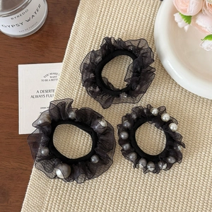 Elegant Mesh Scrunchies With Faux Artificial Pearl Rhinestone Korean Style Elastic Hair Ties Black Ponytail Holders For Women