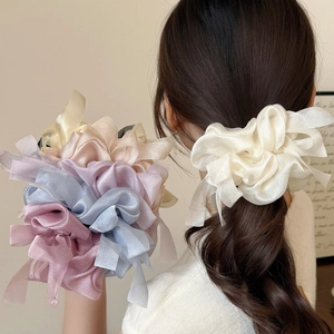 Solid Color Mesh Scrunchies With Ribbon Bow Knot Korean Sweet Large Organza Hair Tie Fashion Hair Accessories For Women