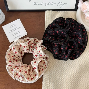 Elegant four-layer pleated rose floral print hair scrunchie made of soft chiffon fabric