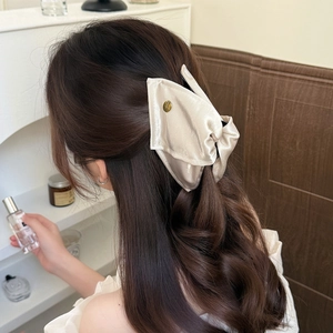 Detailed view of the champagne satin bow hair clip with engraved gold label on hair