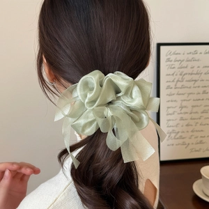 Detail view of light green organza scrunchie with ribbons worn on hair by a model