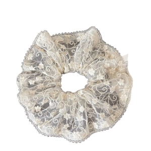 Elegant white lace scrunchie with floral embroidery and clear beads for ponytail