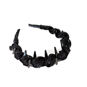 Elegant black pleated fabric headband with punk spikes and sparkling rhinestone butterfly