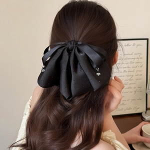 Pince Crabe à Cheveux Nœud Papillon en Satin Noir Élégant Français avec Strass Accessoire Cheveux pour Femme