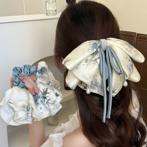 Elegant Bamboo Print Bow Hair Clip And Satin Scrunchie Set With Artificial Pearls For Women Retro Floral Hair Accessories