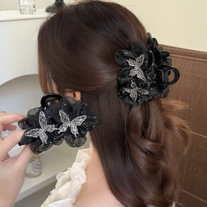 Handmade Romantic Mesh Flower Hair Claw Clip Elegant Rhinestone Butterfly Shark Clip Princess Style Headpiece For Women
