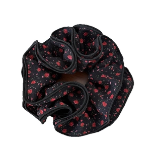 Floral black scrunchie with red rose print and layered ruffle edge for women's hair styling