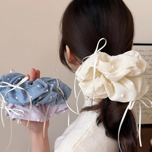 Chouchou Oversize à Nœud Pois pour Femmes Tissu Plissé Élastique Cheveux avec Ruban Accessoires Cheveux Doux