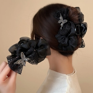 Elegant Black Butterfly Mesh Hair Claw Rhinestone Sequin Organza Lace Hair Clip For Women Wedding Party Princess Accessory