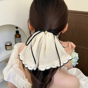 Chouchou élégant en mousseline beige et dentelle noire avec nœud et plaque dorée