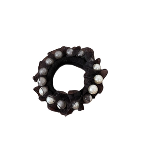 Elegant black mesh scrunchie with large white faux pearls for women hair styling