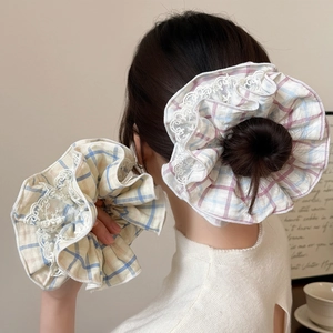 Korean Style Plaid Fabric Scrunchie With Lace Edge Fashion Sweet Plaid Pattern Hair Tie For Women Girls Hair Accessories