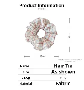 Detailed size specifications for pink and blue plaid lace hair scrunchie measuring 17cm