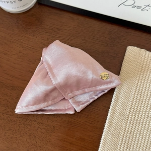 Detailed view of pink satin hair claw clip with golden believe engraved metal label