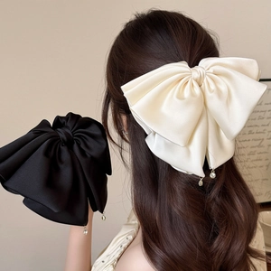 Fermaglio per Capelli Francese con Fiocco in Raso Oversize per Donna Elegante a Più Strati Effetto Seta con Ciondolo in Strass