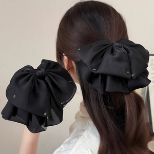 Elegant Black Bow Hair Clip For Women Luxurious Satin Mesh Ponytail Clip Large Shark Clip With Rhinestone Handmade Hair Accessories