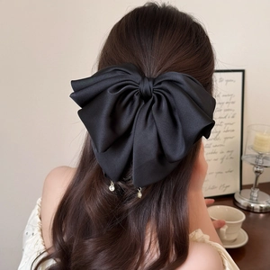 Fermaglio per capelli a fiocco grande in raso nero stile francese con strass per capelli