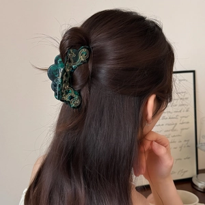 Pince à cheveux élégante vert émeraude marbré avec motifs dorés pour coiffures féminines