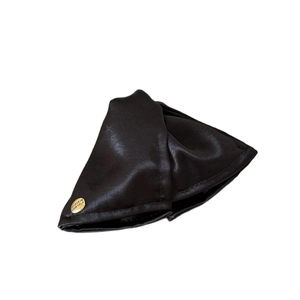 Elegant black satin triangular hair claw clip with golden believe in yourself metal label