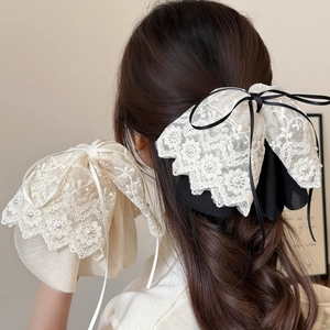 French Vintage Large Lace Bow Hair Clip Romantic Chiffon Ribbon Hairpin With Faux Artificial Pearl Elegant Hair Accessories For Women