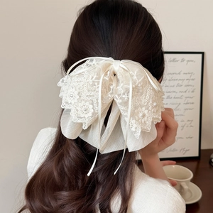 Elegant large white lace bow hair clip with pearls for French style low ponytail