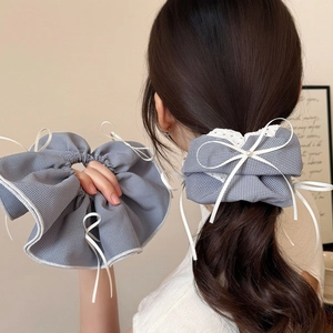 Korean Sweet Oversized Plaid Fabric Scrunchie With Lace Ribbon Bow Artificial Pearl For Women Handmade Houndstooth Hair Tie Accessory