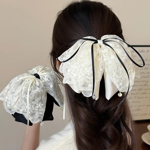 Pince à Cheveux Femme Nœud en Dentelle Douce avec Gland en Ruban de Satin Strass Broderie Florale Grande Queue de Cheval