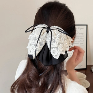 Elegant French lace bow hair clip with pearls for half-up hairstyles and low ponytails