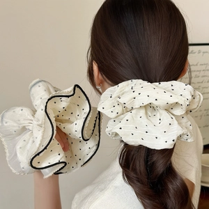 Sweet Heart Pattern Chiffon Large Hair Scrunchies French Vintage Pleated Elastic Hair Ties Handmade Women Hair Accessories