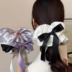 Chouchou Élégant en Satin avec Nœud et Ruban Long Élastique à Cheveux Plissé Accessoires de Cheveux Mode pour Femmes