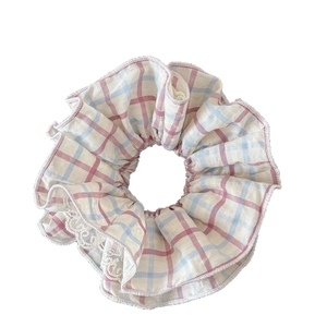 Plaid scrunchie with white lace trim, red and blue checkered hair tie for women