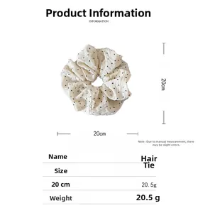 Polka dot oversized scrunchie detail showing 20cm diameter and 20.5g weight info