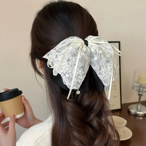 Barrette à cheveux élégante en dentelle blanche et ruban noir avec pendentifs en cristal