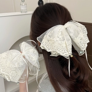 Elegante Cremeweiß Spitze Schleife Haarspange Romantische Stickerei Netz Bandschlaufen Haarnadel Haarschmuck Für Damen