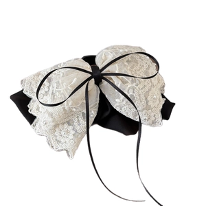 French style lace bow hair clip with pearls and black ribbon for elegant ponytails