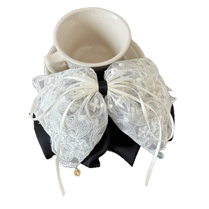 Pince à cheveux élégante en dentelle blanche avec ruban de satin noir et glands cristal