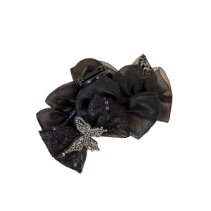 Elegant black lace shark hair claw clip with sparkling dragonfly rhinestone ornament