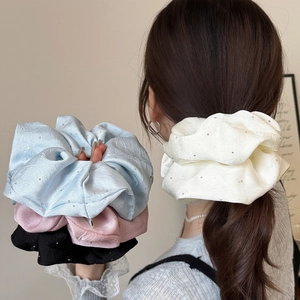 Elegant Satin Large Scrunchie Rhinestone Accents Solid Color Pleated Elastic Hair Tie For Women Korean Hair Accessories
