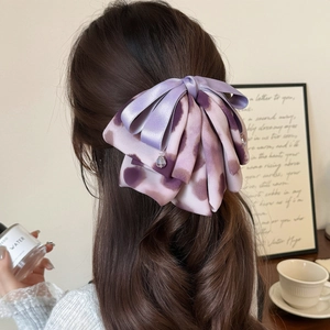 Grande Pince À Cheveux Nœud Violet À Étages Tie Dye Ruban De Satin Pince À Queue De Cheval Avec Breloques En Cristal Accessoires Cheveux Élégants Femme