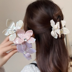 Pince à Cheveux Crabe Fleur Iridescente en Acide Acétique Élégante Pince de Requin avec Strass pour Femmes