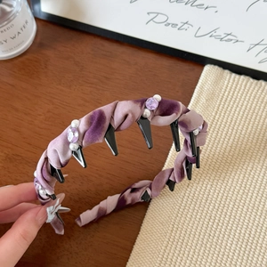 Elegant wave headband with gradient purple fabric, pearls, and rhinestones for women