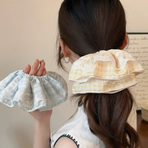 Chouchous en Dentelle à Carreaux Doux Chouchous en Tissu Gingham Surdimensionnés Bandeaux Élastiques Style Français Pour Femmes Filles