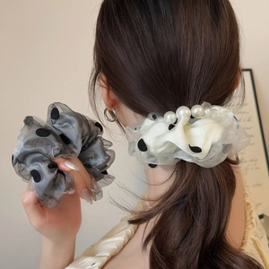 Chouchou en Organza à Pois Style Coréen Avec Fausse Künstliche Perle Élastique à Cheveux en Maille Élégant pour Femme