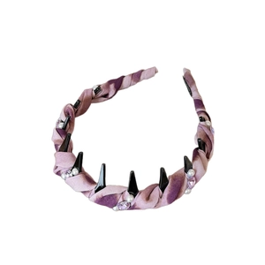 Elegant purple tie-dye headband with pearls, rhinestones, and mini hair clips