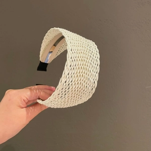 Bohemian style white woven wide headband with hollow mesh texture for women