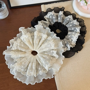 Elegant oversized lace embroidery scrunchies in black and beige with pleated chiffon mesh